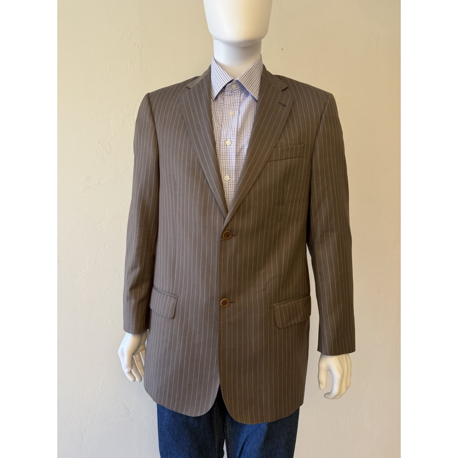 Gianni Orvietto Brown Pinstripe 100 Wool Twill Blazer Mens 42r SingleBreasted